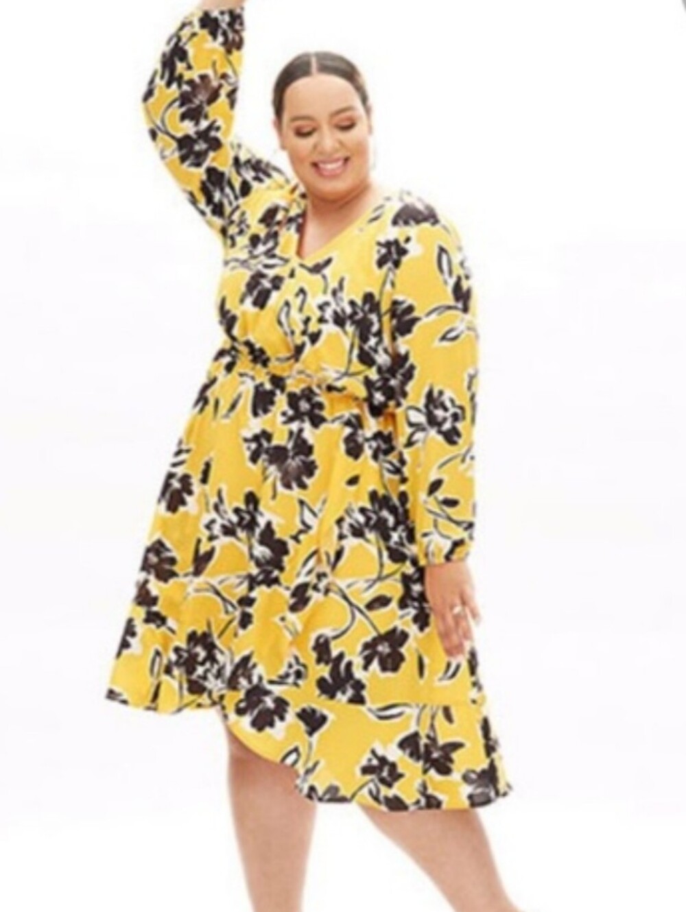 Beauti Curve X Lane Bryant Yellow Floral V-Neck Long Sleeve Dress Size 18/20